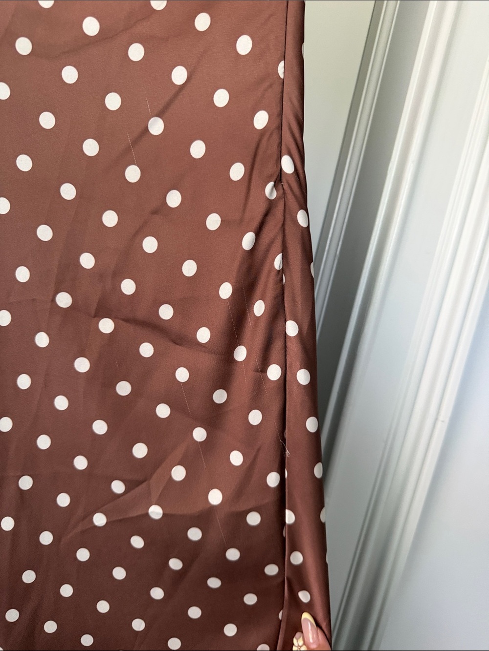 Brown Polka Dot Cowl Neck Midi Dress - Picture 4 of 15